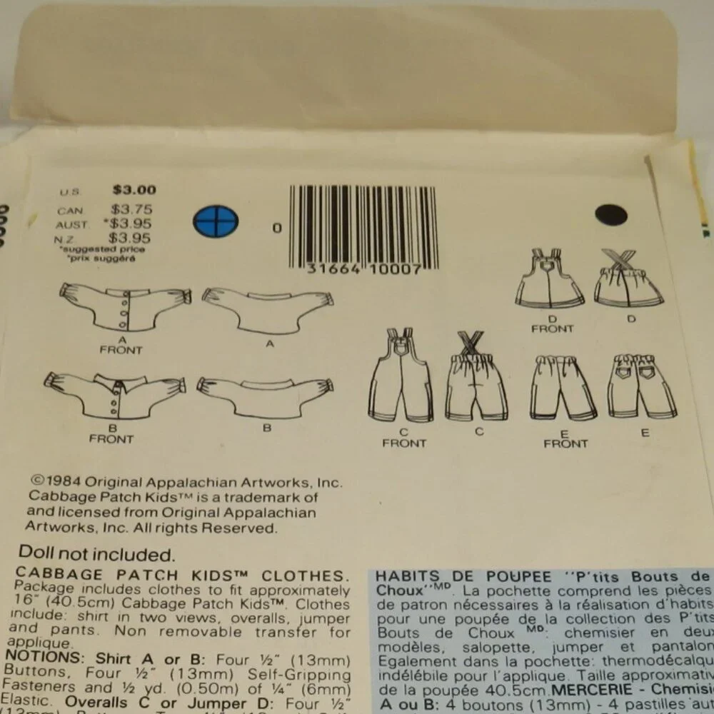 Butterick 6508 Cabbage Patch Kids Doll Clothes Patterns (Complete) 1980s